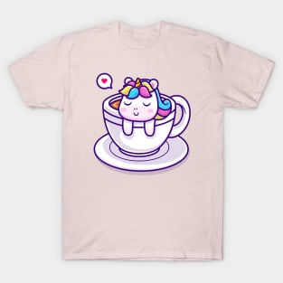 Cute Unicorn Sleeping In Cup Coffee Cartoon T-Shirt